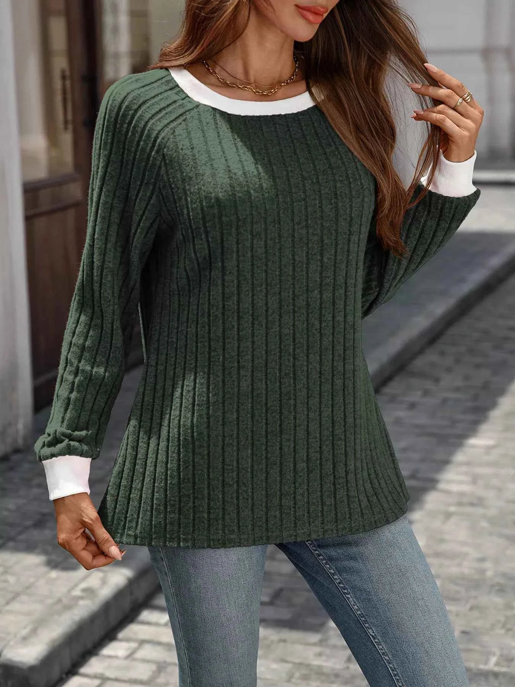 Ribbed Round Neck Raglan Sleeve Knit Top d19d66c5529843d0857496fd6af91eb0-Max-Origin