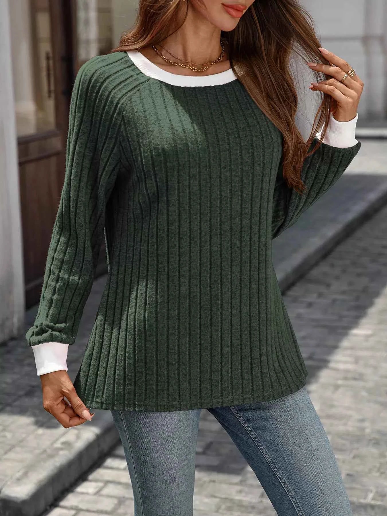 Ribbed Round Neck Raglan Sleeve Knit Top d19d66c5529843d0857496fd6af91eb0-Max-Origin
