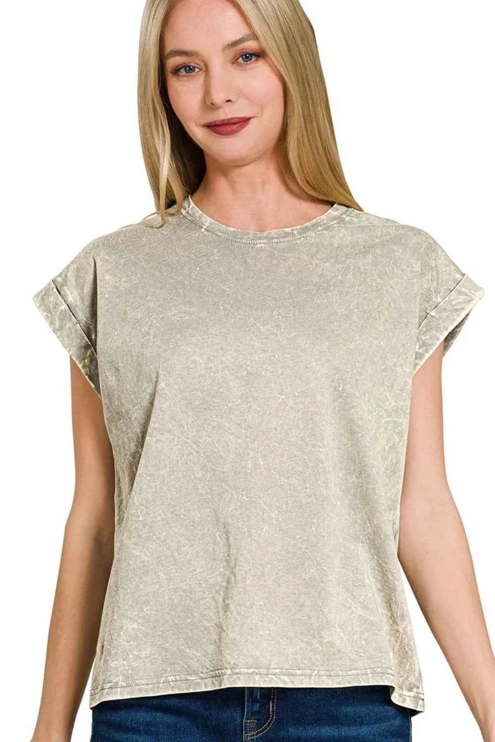 Zenana Crinkle Washed Round Neck Folded Short Sleeve Tee SLEET d1a53621-6158-4aae-954a-bdcc1351b6fc-Max-Origin