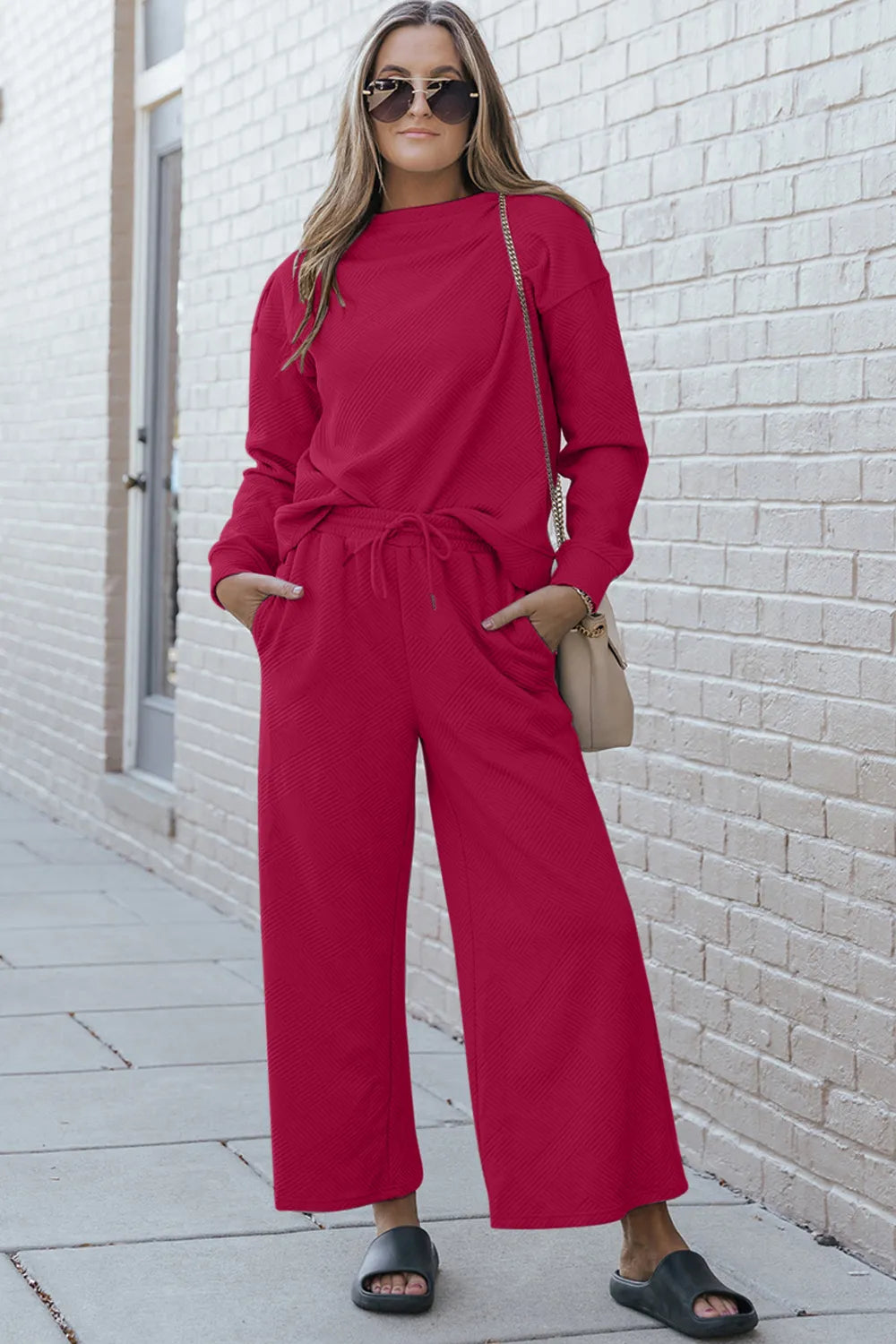 Double Take Full Size Textured Long Sleeve Top and Drawstring Pants Set Hot Pink d1a6c89f-90eb-473e-8a00-60bd3543f639-Max