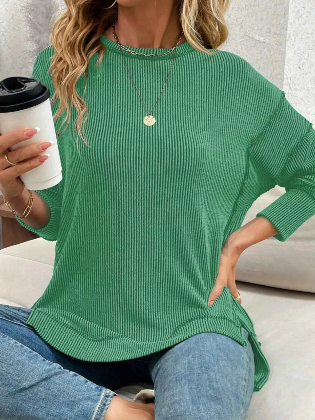 Side Slit Round Neck Dropped Shoulder Sweatshirt d1afb1073a4c4fcea88624afbc3f1d11-Max-Origin