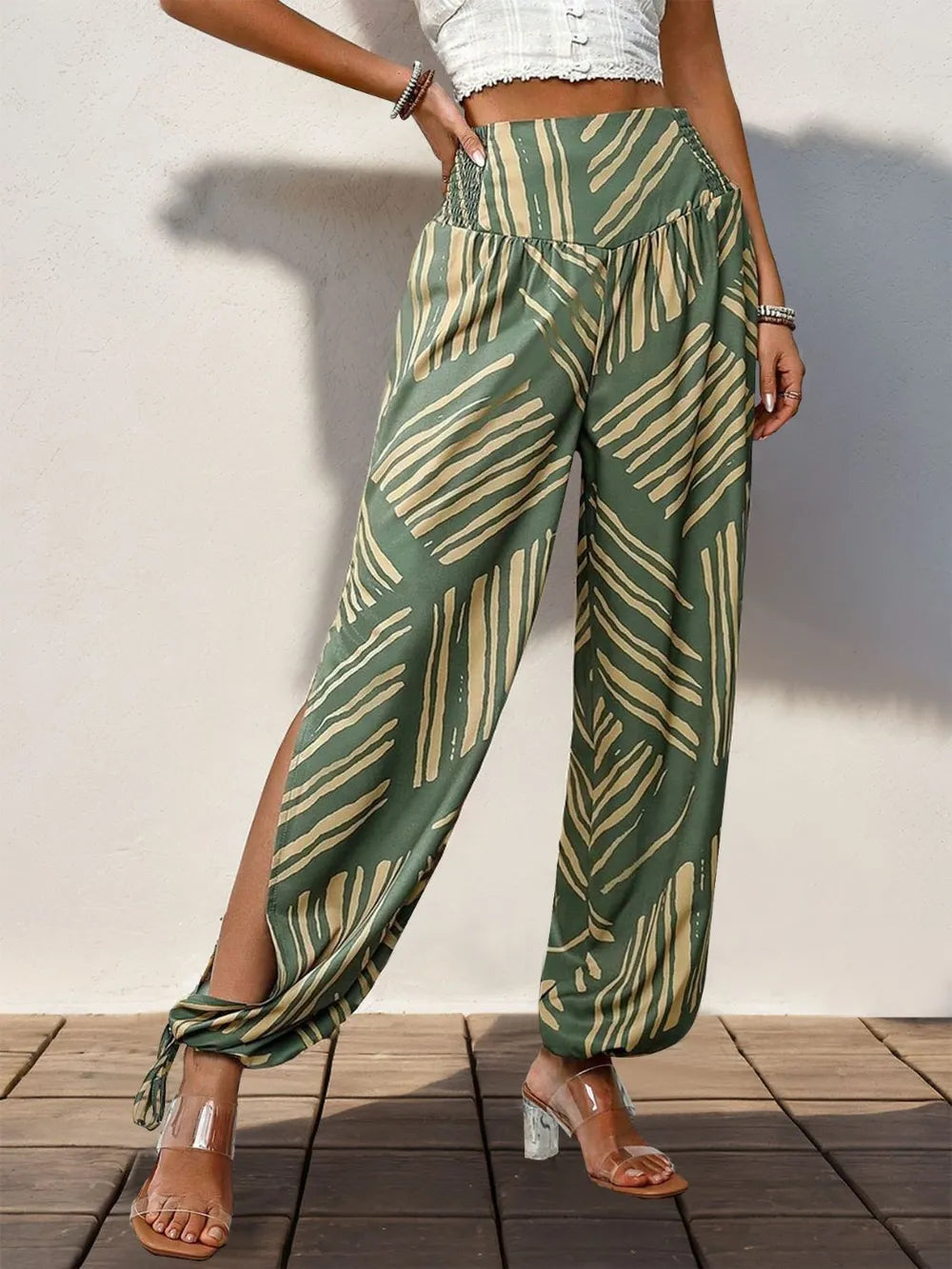 Perfee Smocked Slit Printed High Waist Pants Moss d1b361f8-6c8f-4750-8bd9-53a7412ea17c-Max
