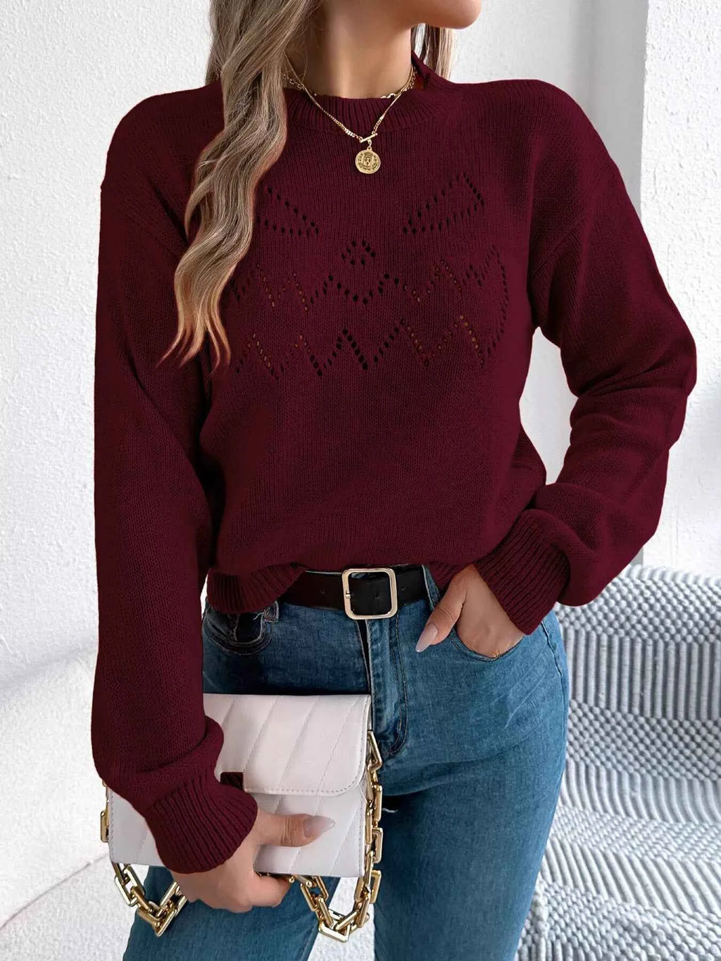 Openwork Round Neck Long Sleeve Sweater d1dd07382c444a1cbad7bec57a3fa09b-Max-Origin