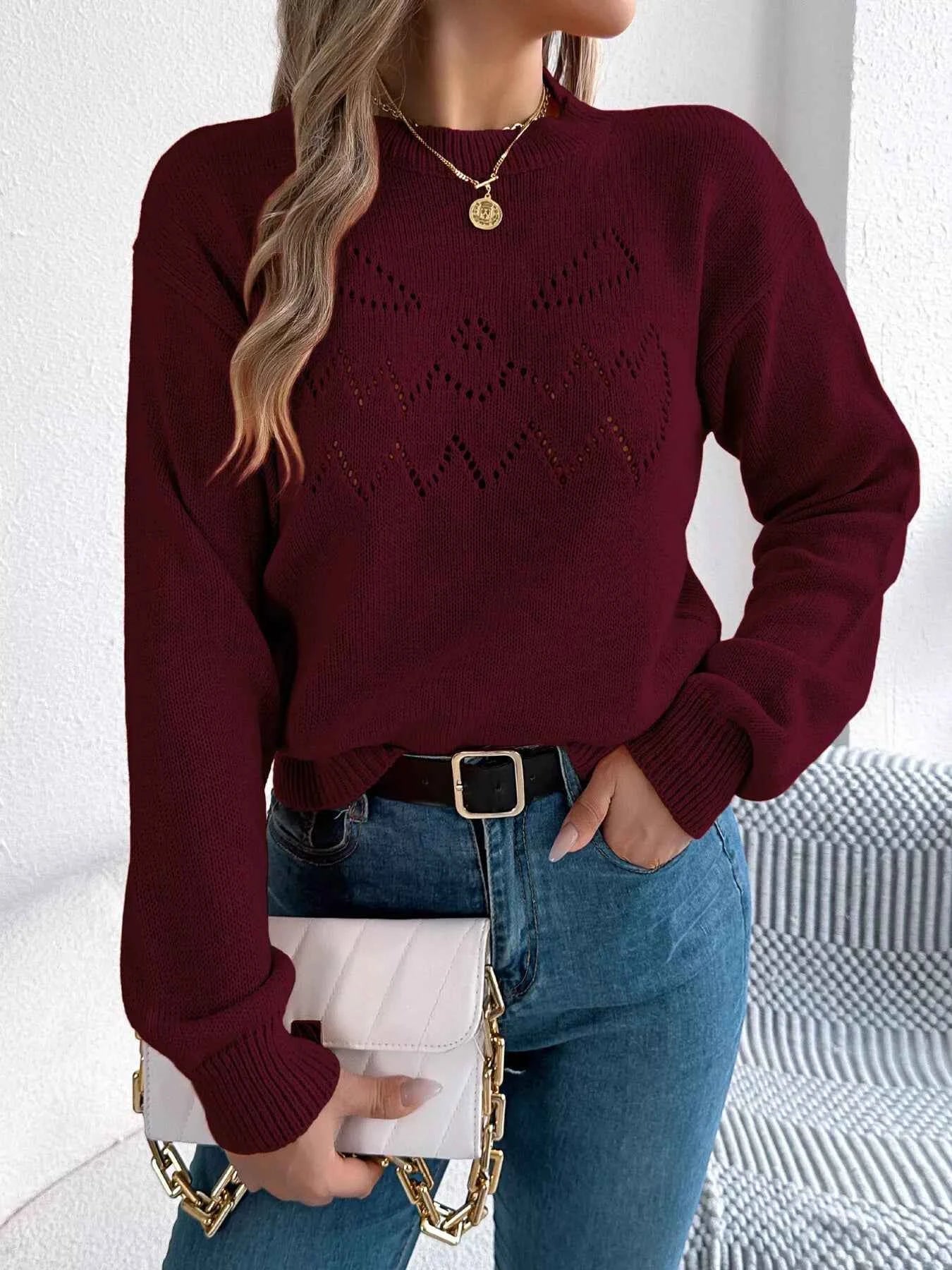 Openwork Round Neck Long Sleeve Sweater d1dd07382c444a1cbad7bec57a3fa09b-Max-Origin
