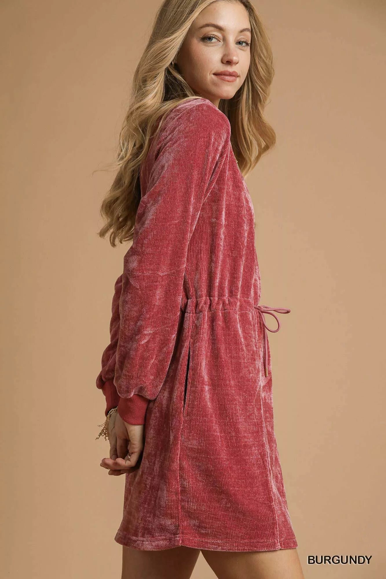 Umgee Velour Drawstring Mini Dress with Long Sleeves d1f93824-aba6-4ff5-b925-2519f9a9dc5a-Max-Origin