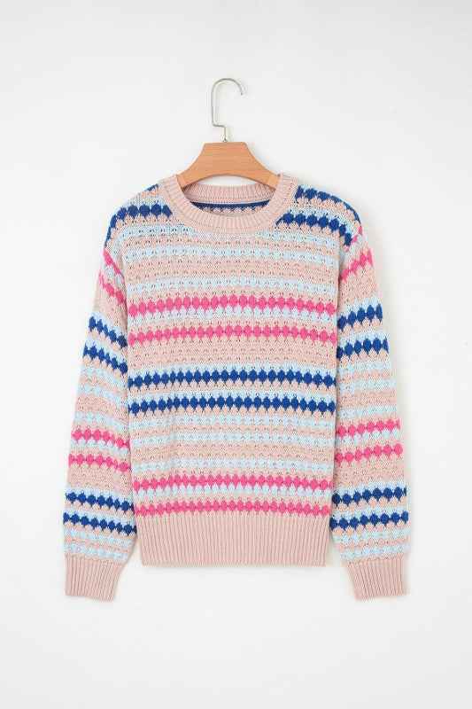 Stripe Eyelet Knit Drop Shoulder Sweater