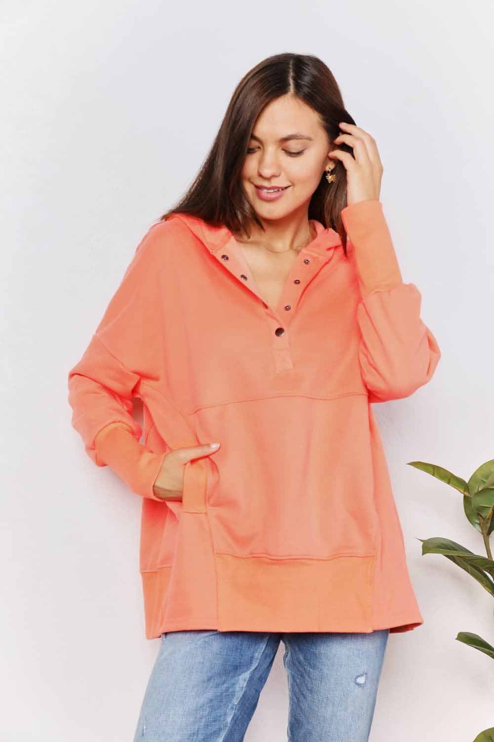 Double Take Quarter-Snap Dropped Shoulder Hoodie Tangerine d2007c289ec54610b774f646f033088e-Max