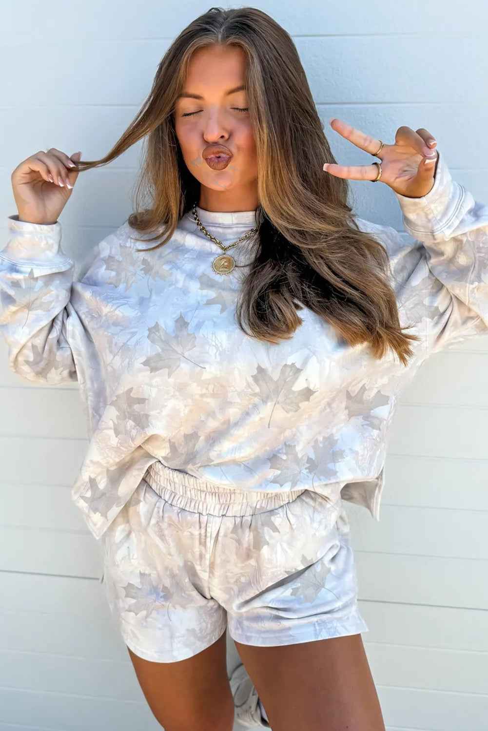 Beige Abstract Maple Leaf Print Long Sleeve Top Elastic Waist Shorts Set d211c67635654fca