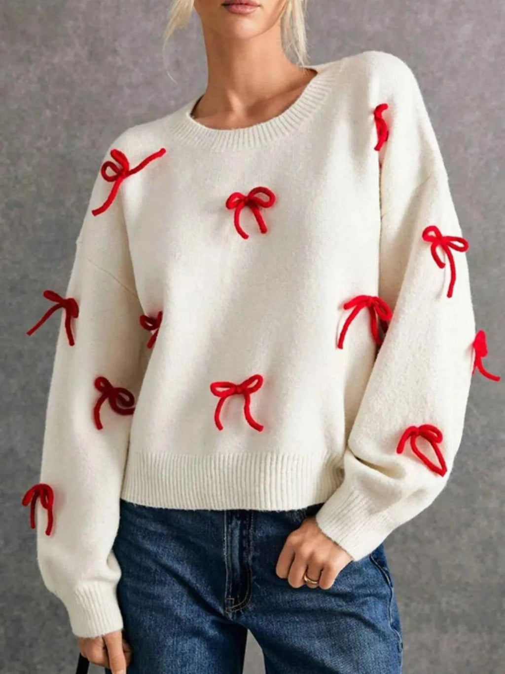 Bow Contrast Round Neck Long Sleeve Sweater White d21861a4-4a15-4818-bba3-6b9a09b87ea5-Max-Origin