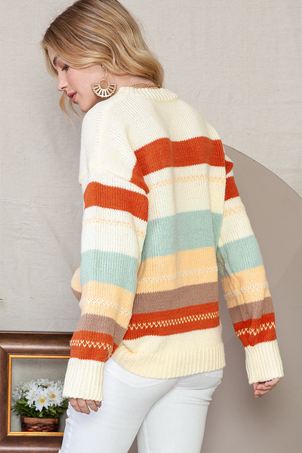 White Striped Color Block Drop Shoulder Knit Sweater d223278b8aa7221d