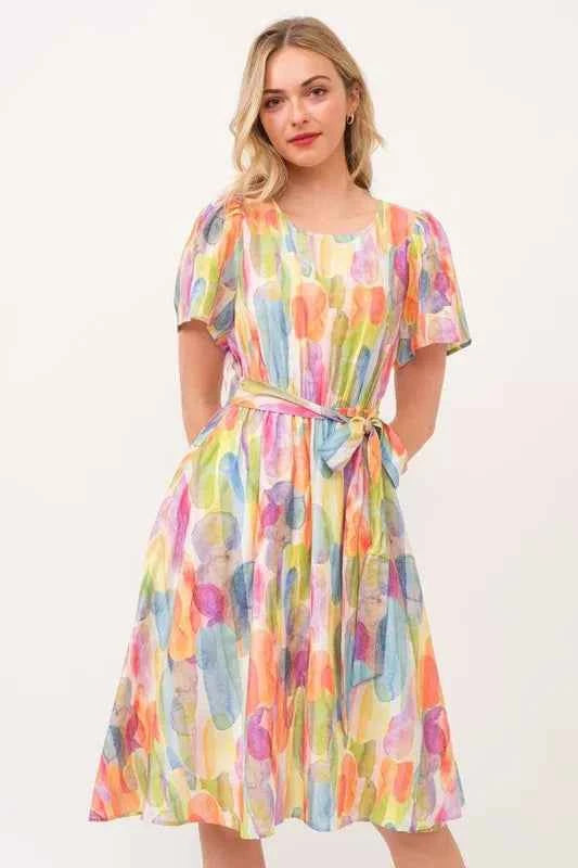 Lime 'N' Chili Watercolor Print Tie Front Midi Dress d2361623ea414e4498c445395157a239-Max-Origin