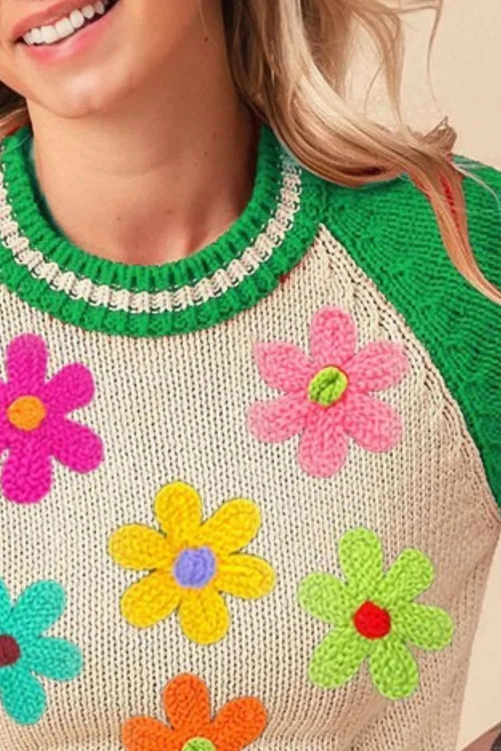 BiBi Crochet Flower Patches Striped Rib Band Sweater d23f0b28-569d-435e-830c-713ef943eb9f-Max-Origin
