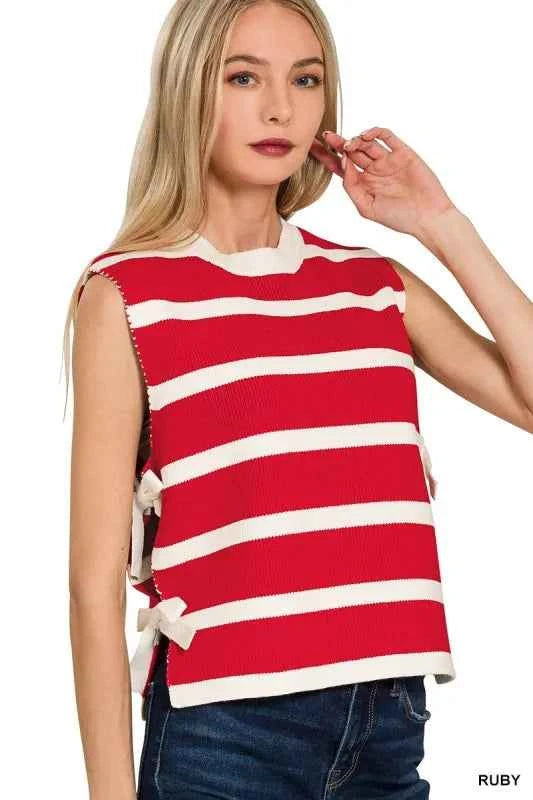 Zenana Side Tie Stripe Sweater Vest RUBY d251cfc2-c0b8-4050-ba6d-6c05ad469dbb-Max-Origin