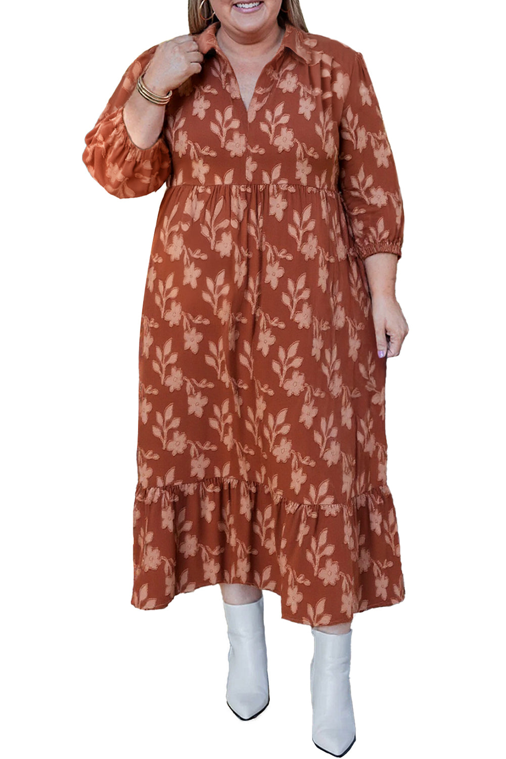 Cinnamon Plus Size Textured 3D Flower Pattern Ruffle Hem Dress Cinnamon 100%Polyester d2631489f255aeff
