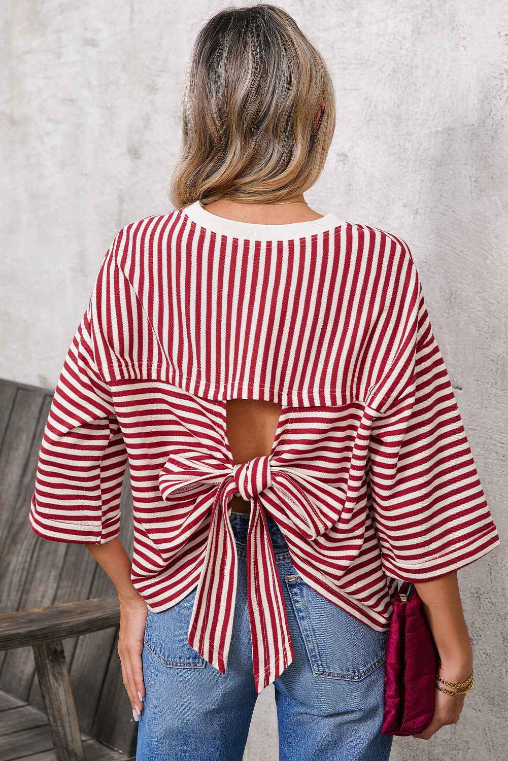 Red Striped Bowknot Backless T-Shirt d27ac9ac2200dcd1