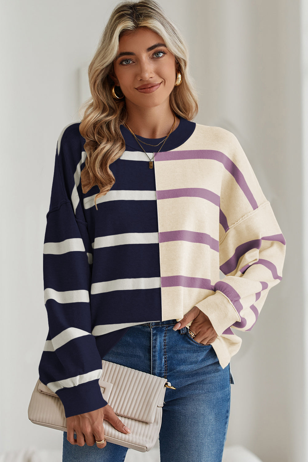 Blue Stripe Exposed Seam Patchwork Loose Sweatshirts d281e2213504933e