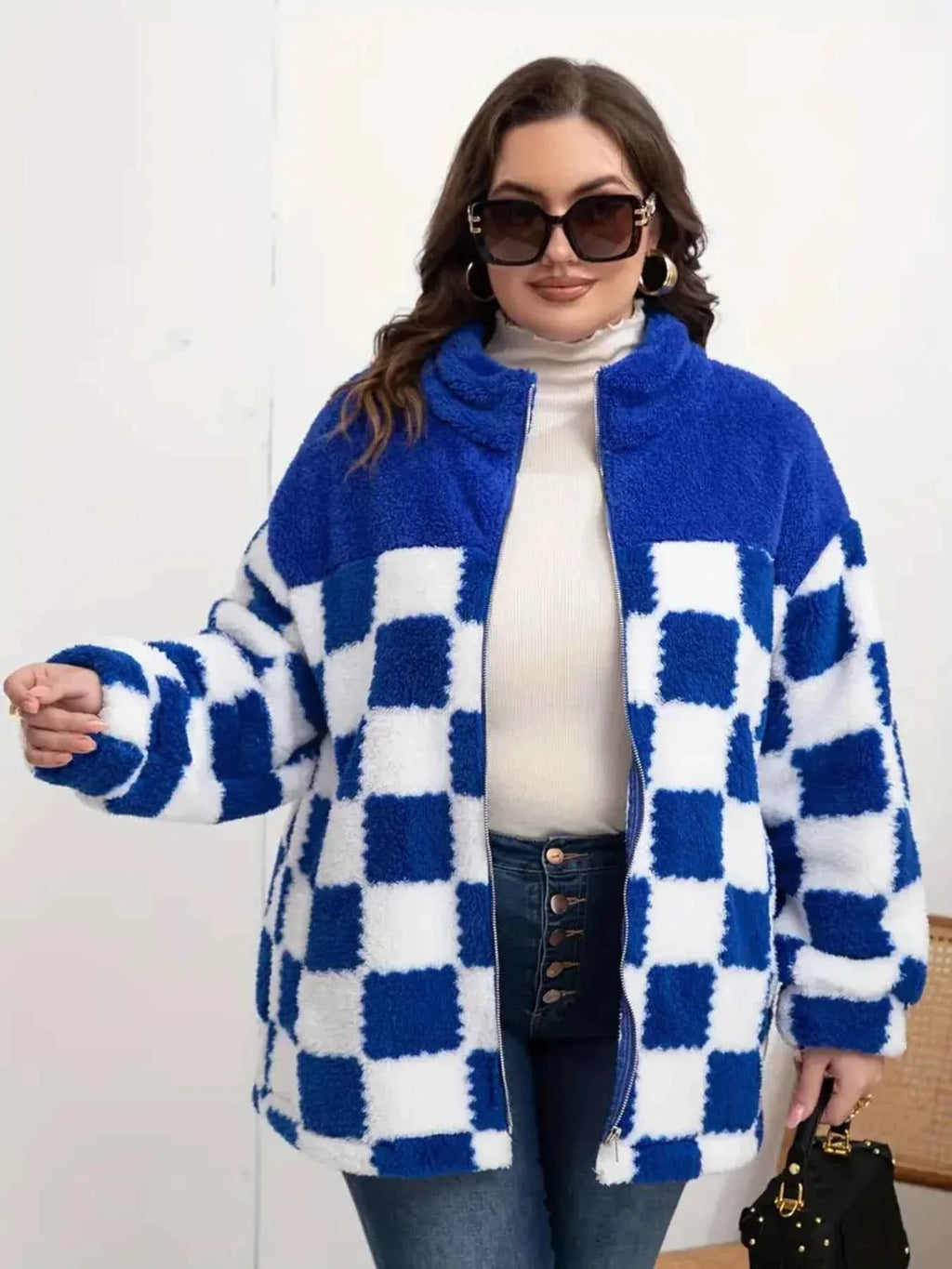 Checkered Fleece Oversized Zip Up Jacket Blue d28c6c85a30445e0b7c804d5a779c8c2-Max-Origin