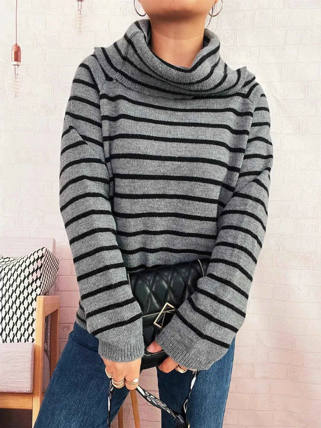 Striped Turtleneck Long Sleeve Sweater d291b109294240d88321c3079a7a7fda-Max-Origin