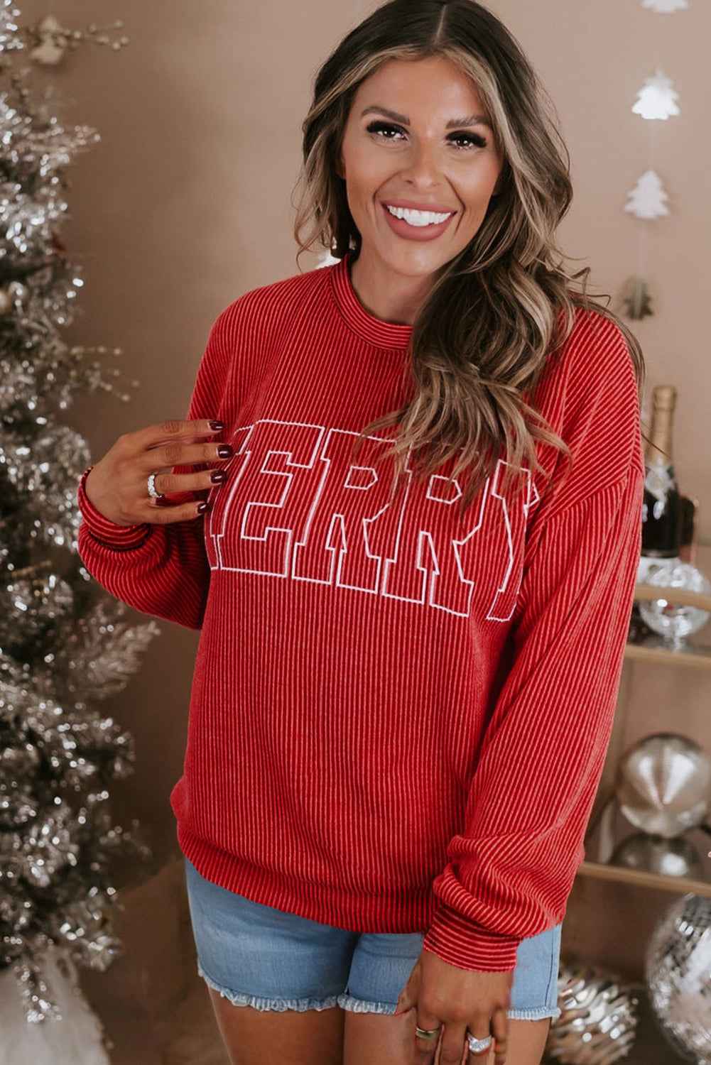 Fiery Red Twist Ribbed MERRY Letter Graphic Plus Size Pullover d2974555cf5dde76