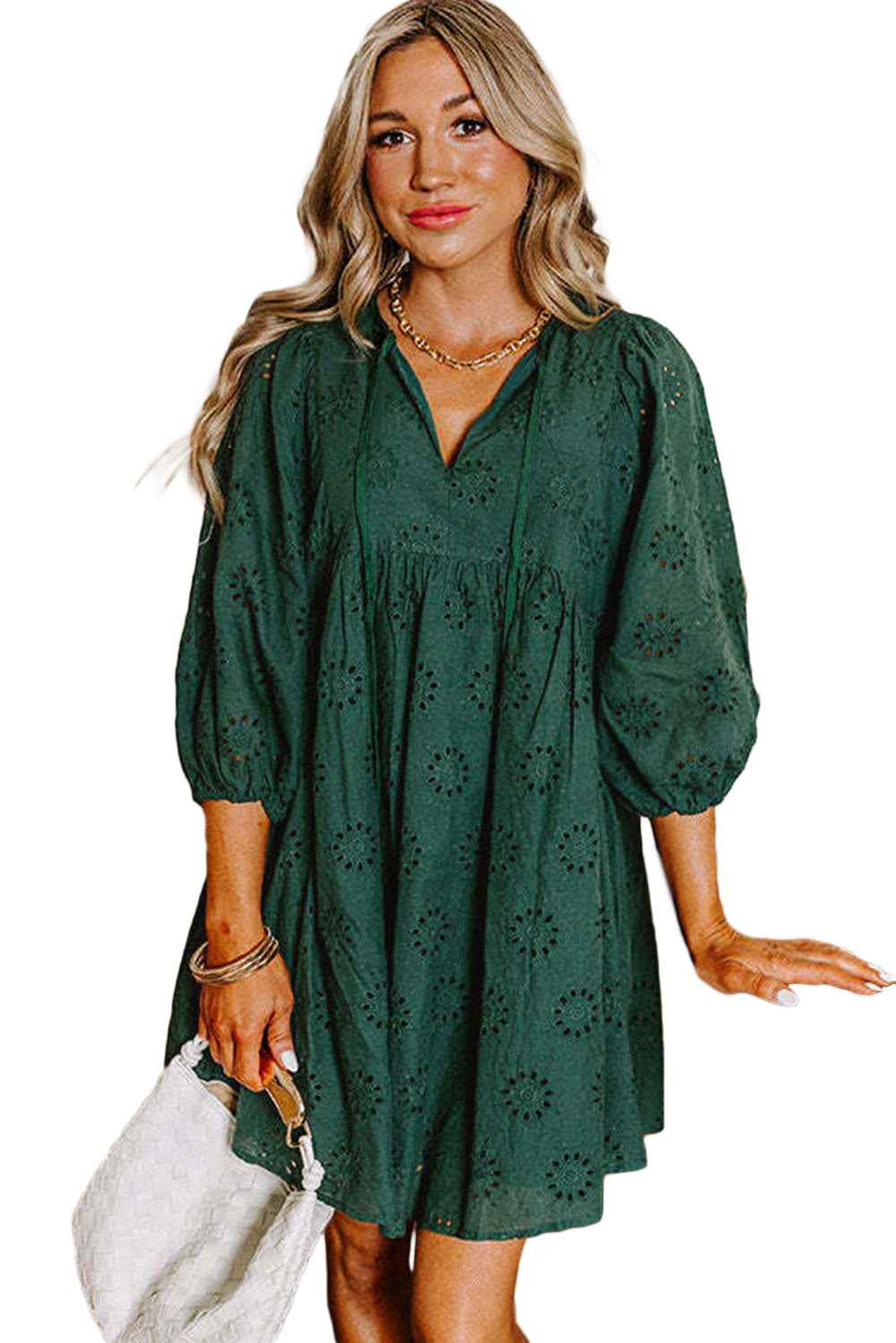 Blackish Green Embroidered Eyelet Pattern Puff Sleeve Mini Dress d29e69e74b877947