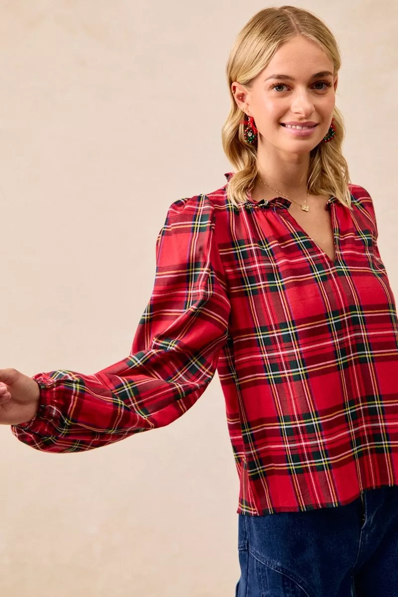BiBi Christmas Plaid Balloon Sleeves Ruffled V-Neck Top d2d18e3e57384c2e905d0d9f56cdb20a-Max-Origin