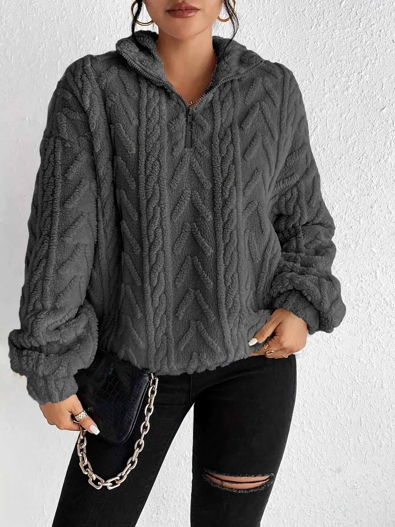 Quarter Zip Dropped Shoulder Sherpa Sweatshirt Dark Gray d2e1e91e697e48f3a512b2de85b5abc6-Max-Origin