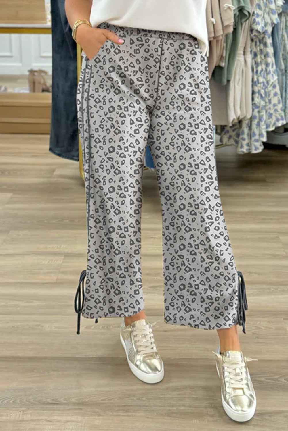 Khaki Leopard Print High Rise Knot Side Pants Gray 95%Polyester+5%Elastane d2e7881f9e5f186a