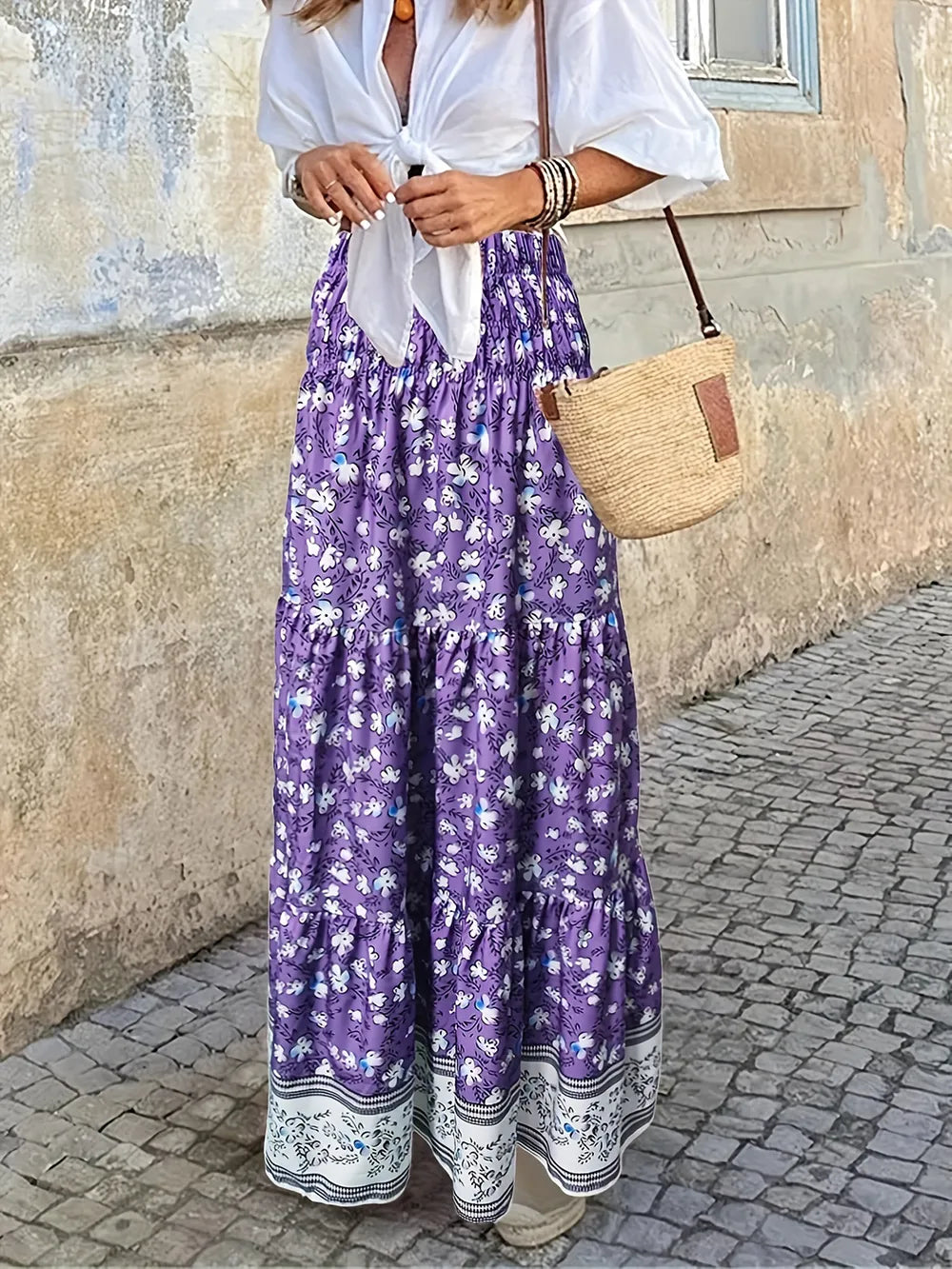 Full Size Tiered Printed Elastic Waist Skirt Purple d303f64e-125a-4034-bce0-c21d6ad40d34-Max