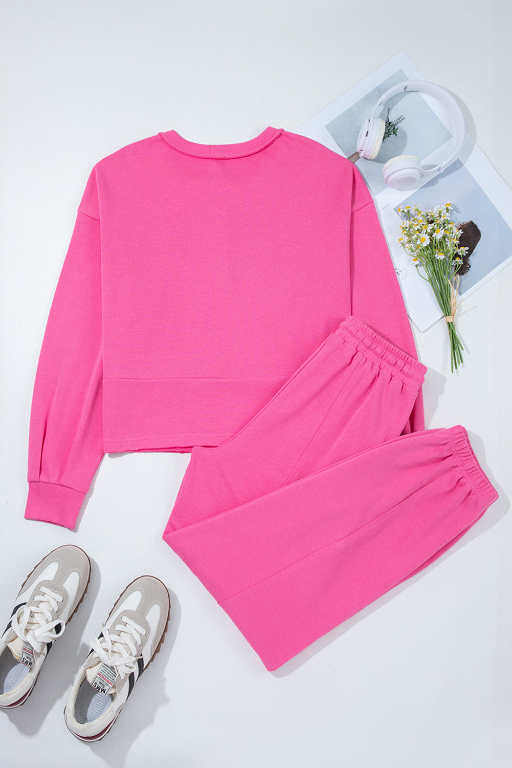 Bright Pink Raw Edge Henley Pullover and Jogger Pants Set d314d1a6b391f8e2