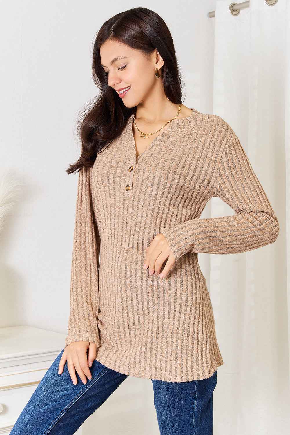 Double Take Notched Neck Ribbed Long Sleeve T-Shirt d31afee4e3de4ffd982168348910b366-Max
