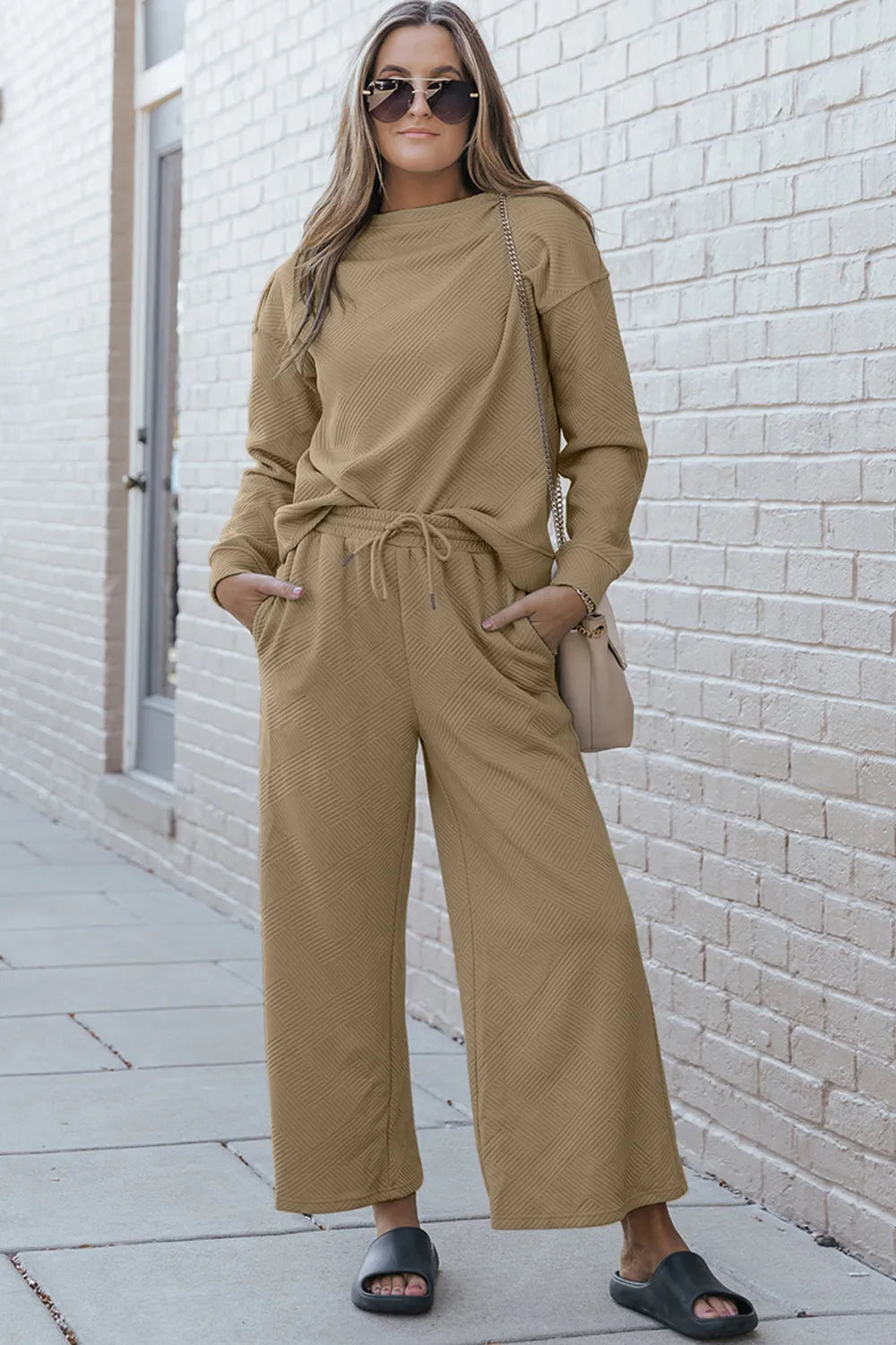Double Take Full Size Textured Long Sleeve Top and Drawstring Pants Set Khaki d3235926d92c4f86a7b8ab94fd978afd-Max
