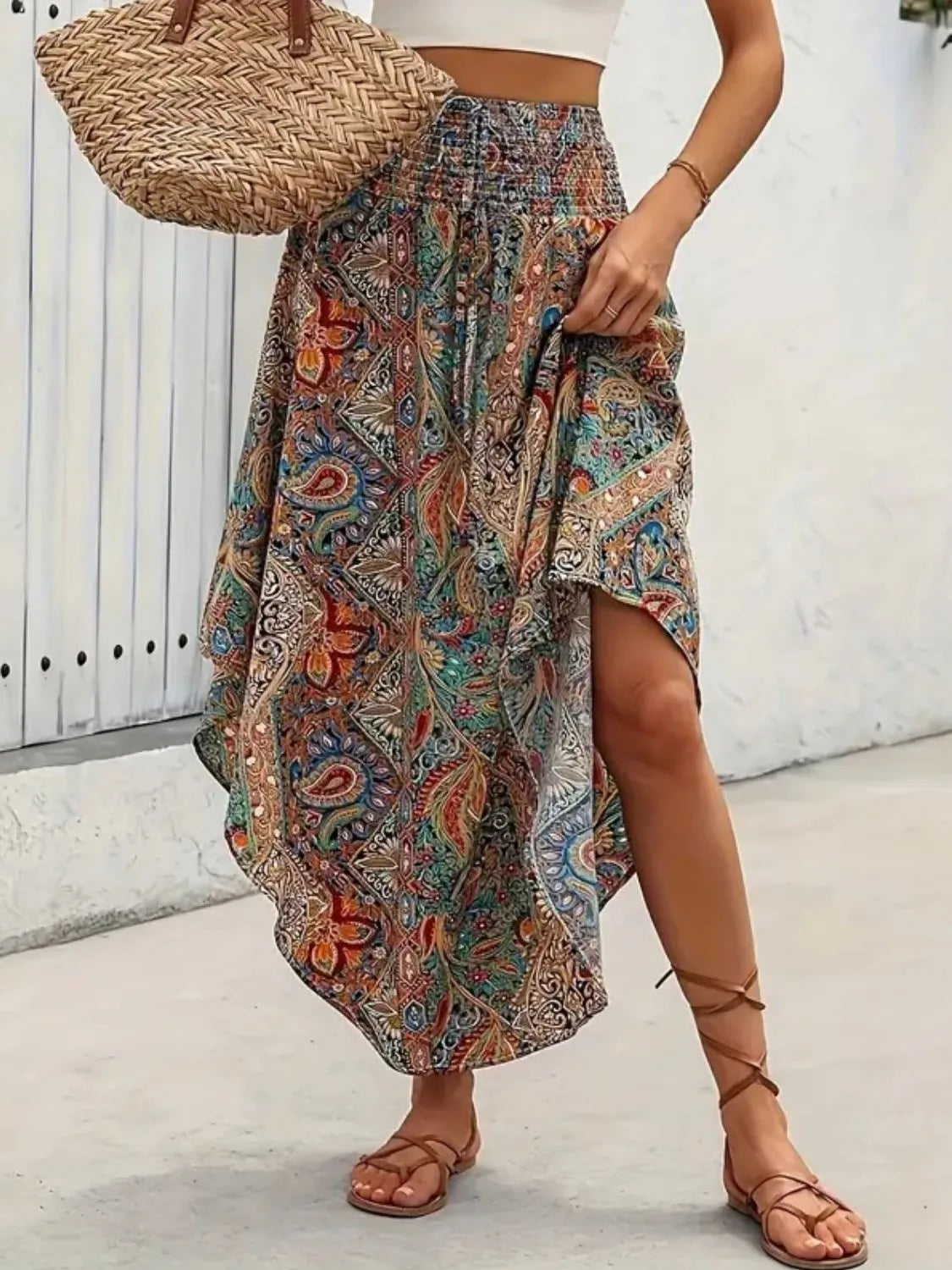 Asymmetrical Smocked Printed Skirt d33065a5-3762-46cf-8346-72864e63d349-Max-Origin