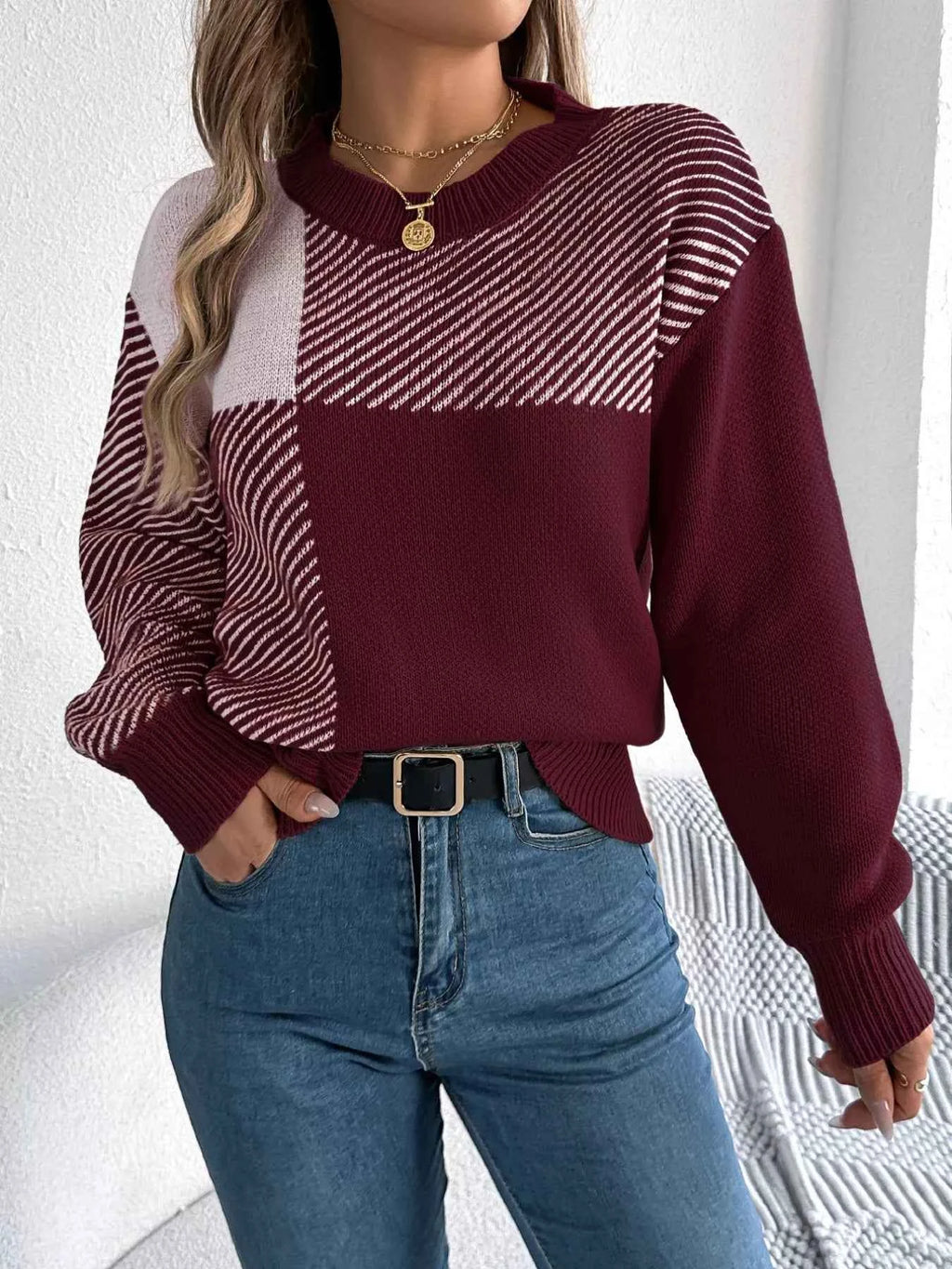 Color Block Striped Round Neck Sweater d3308813-1c71-4a11-acda-b00d1b77476a-Max-Origin