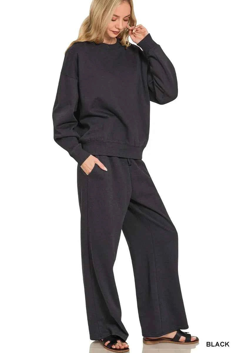 Zenana Fleece Long Sleeve Top and Sweatpants Set BLACK d3319216153446d9a92d5f44472a2579-Max-Origin