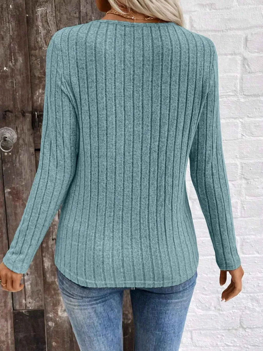 Ribbed V-Neck Long Sleeve Knit T-Shirt