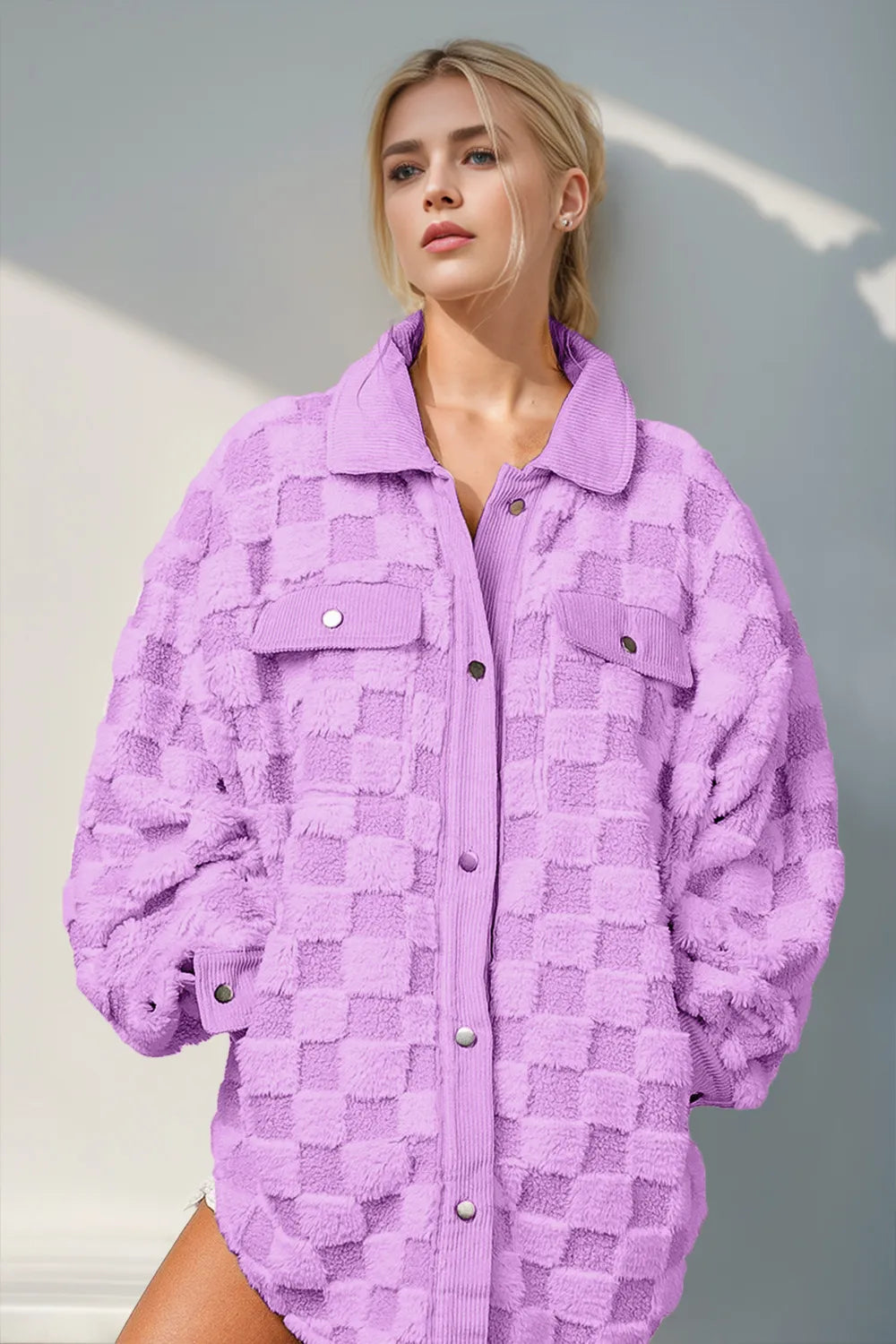 Double Take Button Up Fuzzy Checkered Shacket Lilac d349385e-41e9-4502-be2f-2e7a467e1656-Max