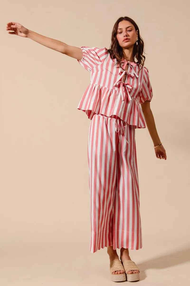 SO ME Front Tie Stripe Top With Puff Sleeves and Wide Leg Pants Set d375d46d679f4eb0b0008f102e082b74-Max-Origin