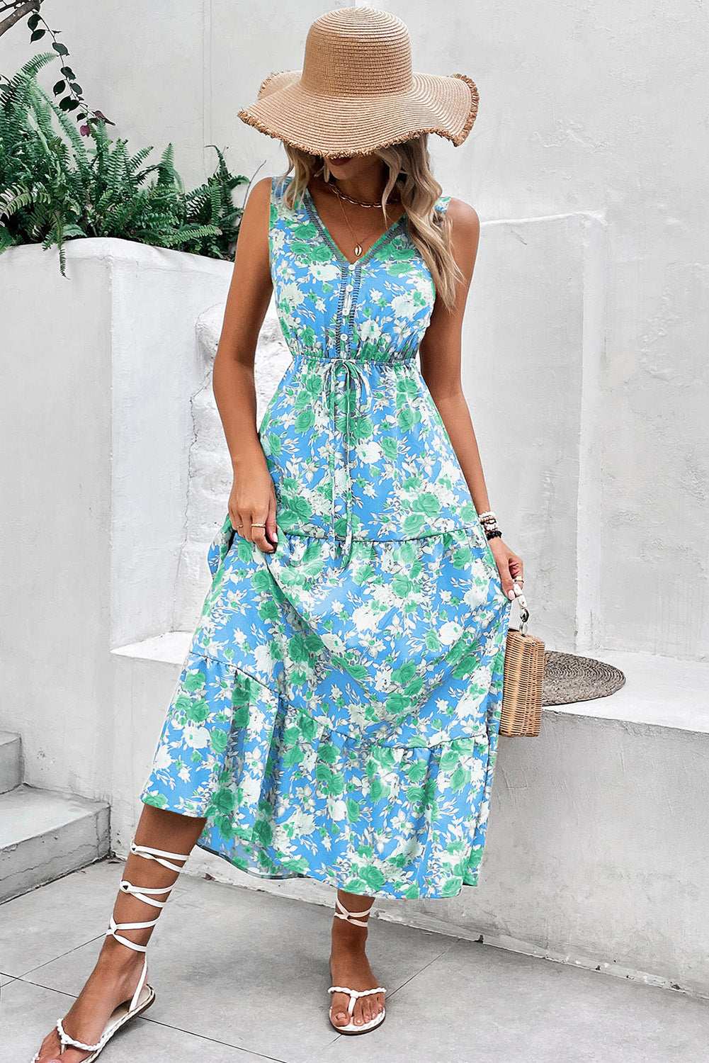 Green Floral Print Trimmed V Neck Sleeveless Vacation Dress d3787acccce6cc2a-_12