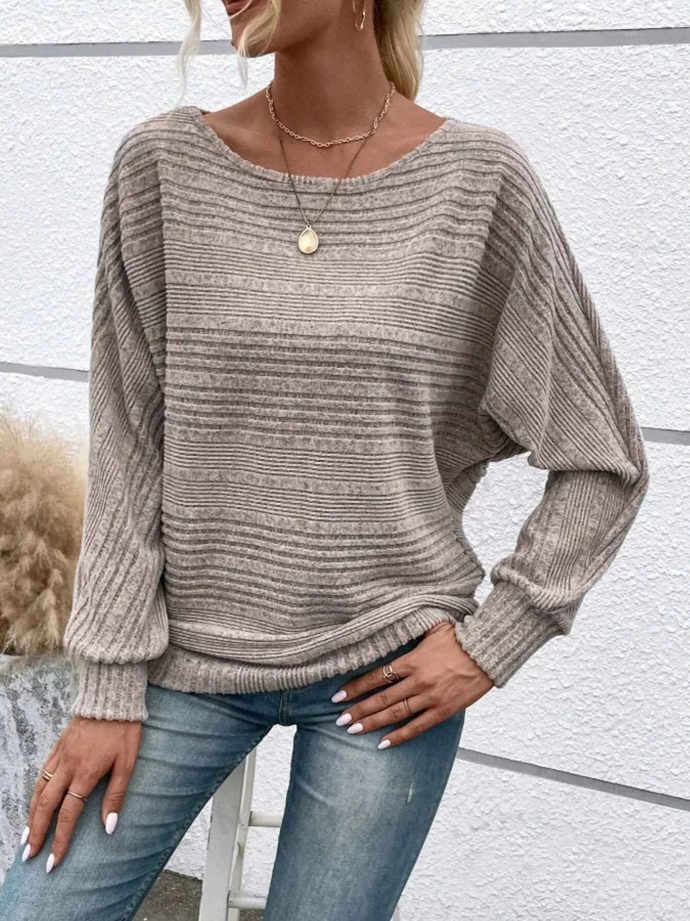 Ribbed Round Neck Long Sleeve Top Gray d37ef71a1d9d4761b59c161fa4b10e1a-Max-Origin