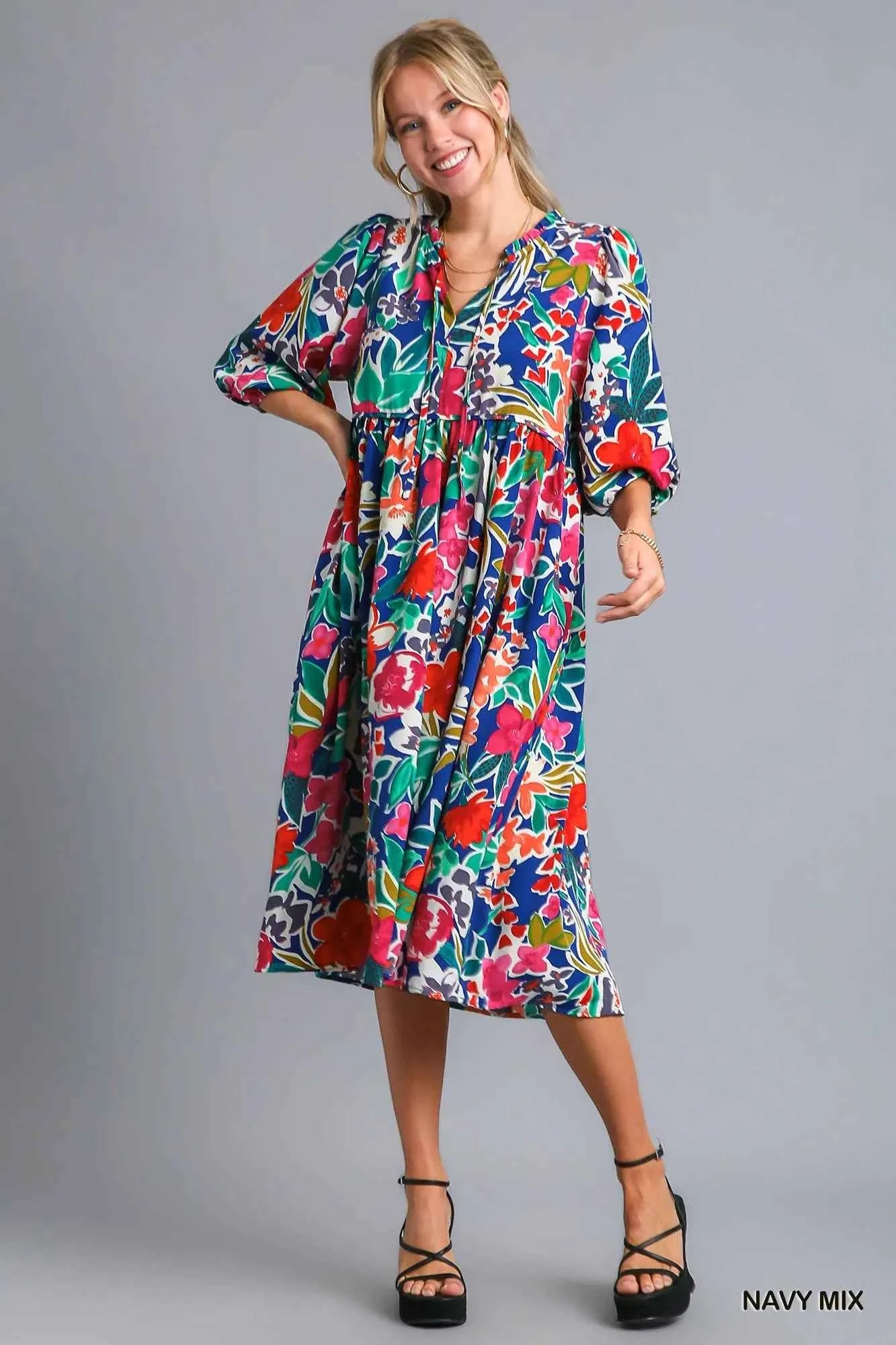 Umgee Floral Print Tie Neck Midi Dress with Pockets NAVY MIX d39a1ea6-6bdb-4d51-8318-22b91273454f-Max-Origin