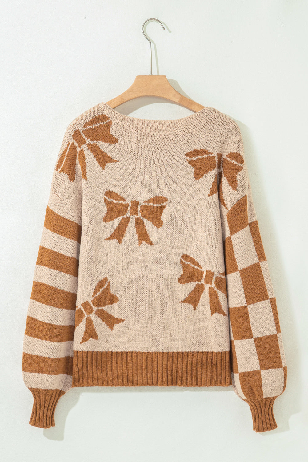 Straw Yellow Striped Checkered Sleeves Bow Print Knit Sweater d3ab9b665f81ff62