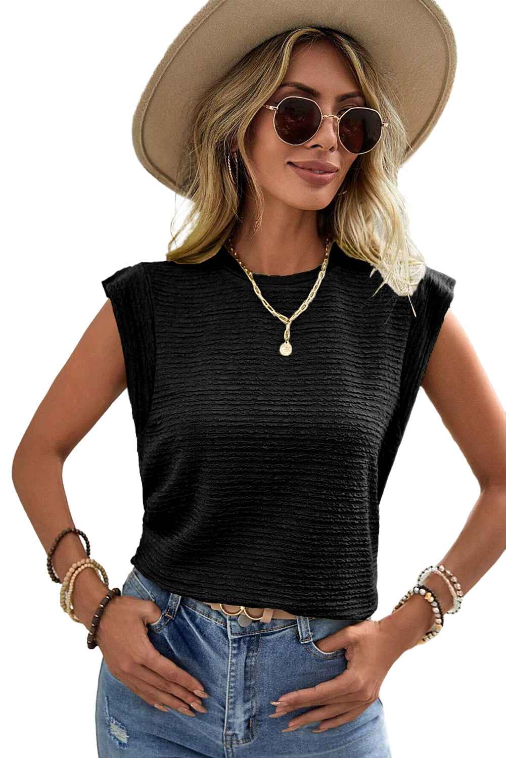 Beige Textured Round Neck Sleeveless Shirt d3ac09ad5f77911b