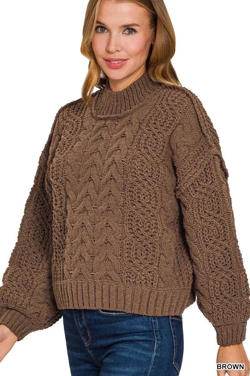 Zenana Cable-Knit Ribbed Turtleneck Sweater BROWN d3c4da123ff5427c8f7d7dbf90b0fcbe-Max-Origin