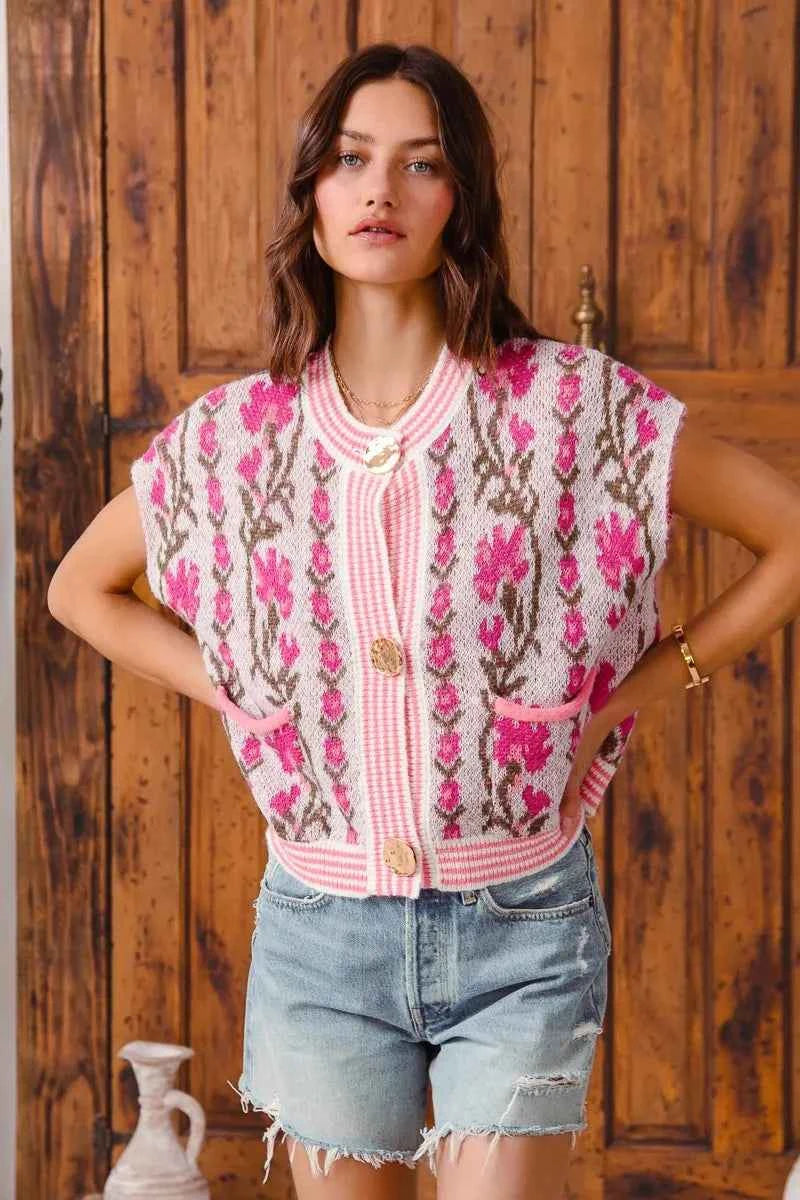 SO ME Button Front Floral and Stripe Knitted Sweater Vest PINK COMBO d3d230dbe63743b6870c37a0b56357eb-Max-Origin