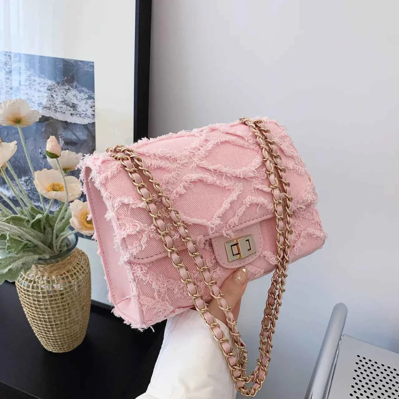 Frayed Edges Chain Crossbody Bag Pink onesize d3f735c732fc499f88677a0af04ca251-Max-Origin