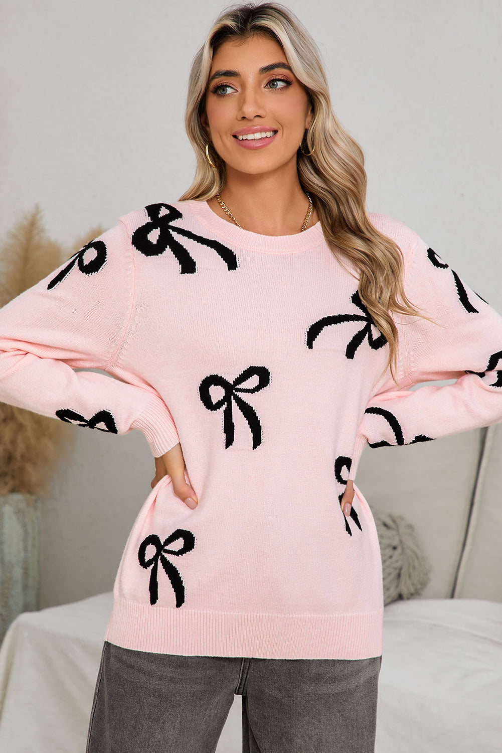 Light Pink Bow Print Long Sleeve Loose Fit Sweater d4001249f3a698ea