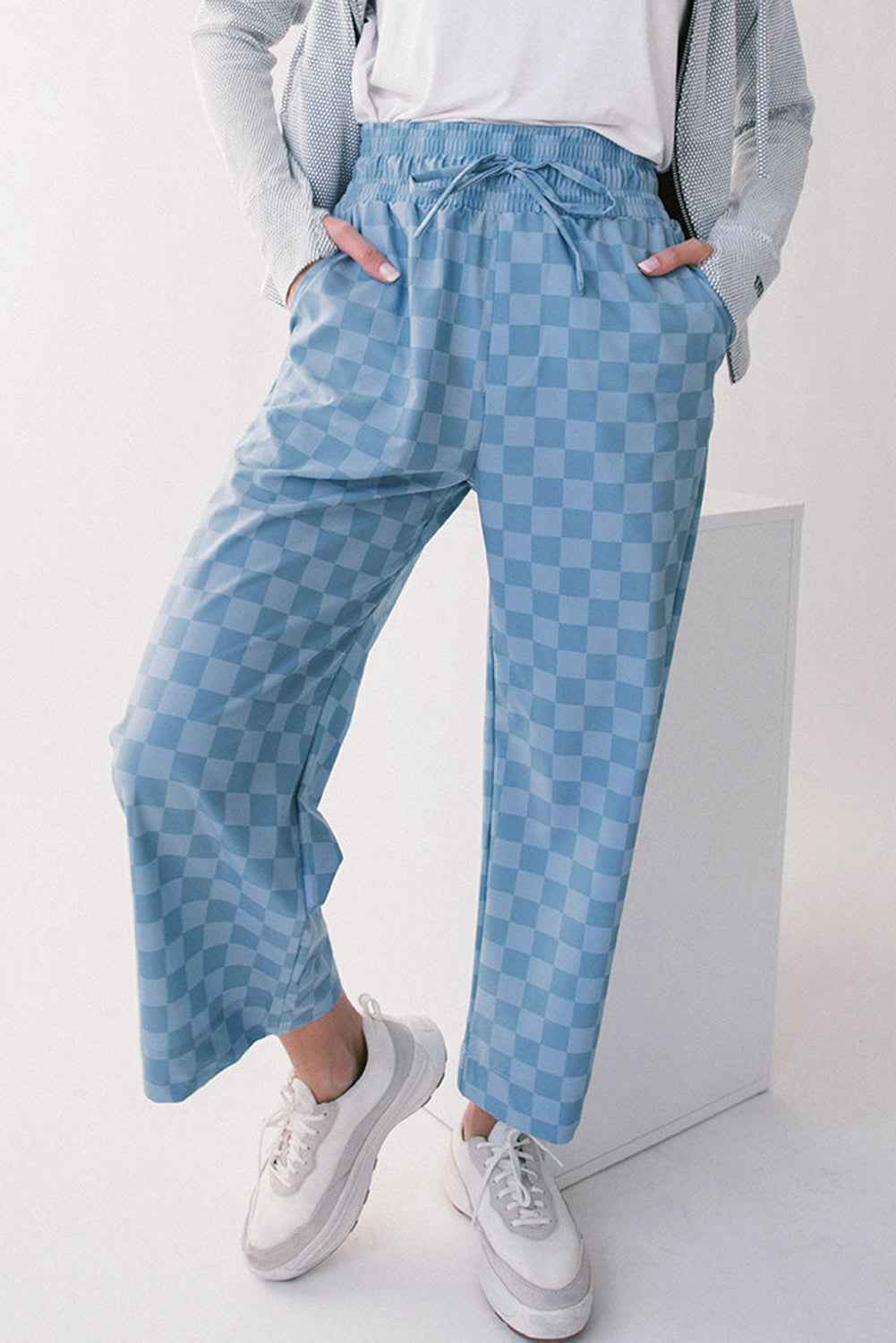 Khaki Tie Elastic Waist Checkered Loose Pants Sky Blue d430ce01a74a26e9