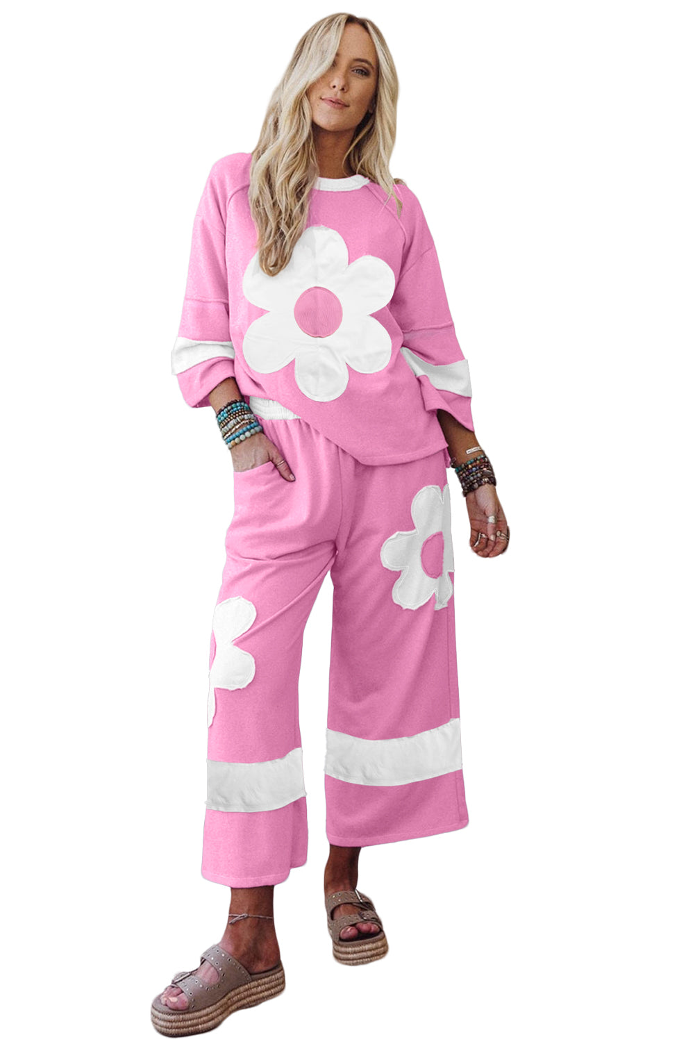 Orchid Bouquet Flower Patched Raw Seam Colorblock Loose Pants Set Orchid Bouquet 65%Polyester+35%Cotton d4346a6d3c867793
