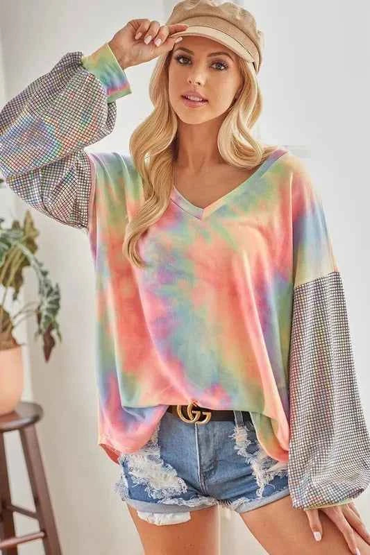 BiBi V Neck Tie Dye French Terry Top with Shiny d436dd63c6a24395999cead0365da8f0-Max-Origin