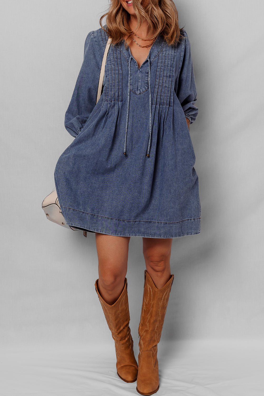 Sail Blue Pleated V Neck 3/4 Sleeve Denim Mini Dress d4406d41bc9a906f